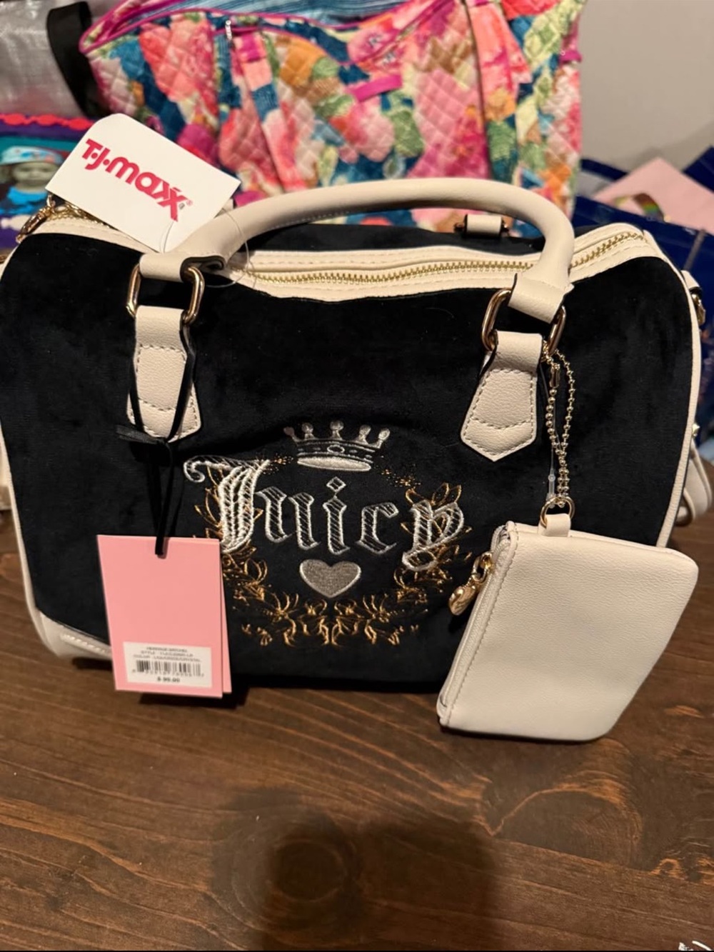 Juicy Couture Black Satchel with Cream Trim and Coin Pouch